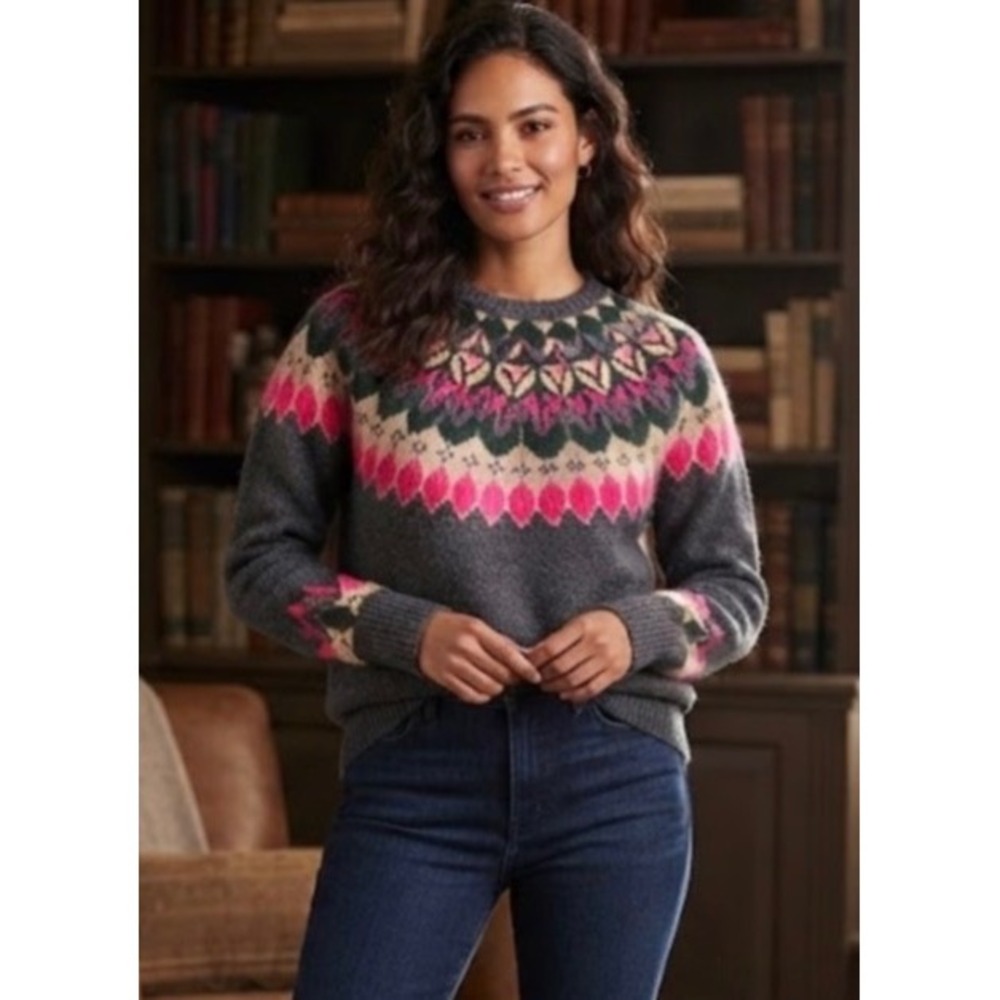 Vince Camuto Gray Fair Isle Knit Sweater Pink Green Geometric Pullover Womens M